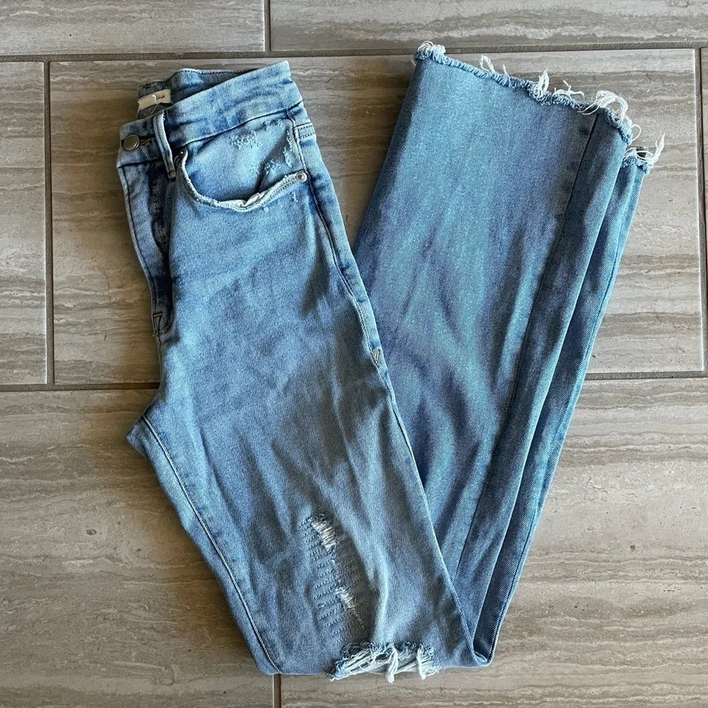 Good American Blue Light Wash Distressed Flare Denim Jeans Women's Size 4